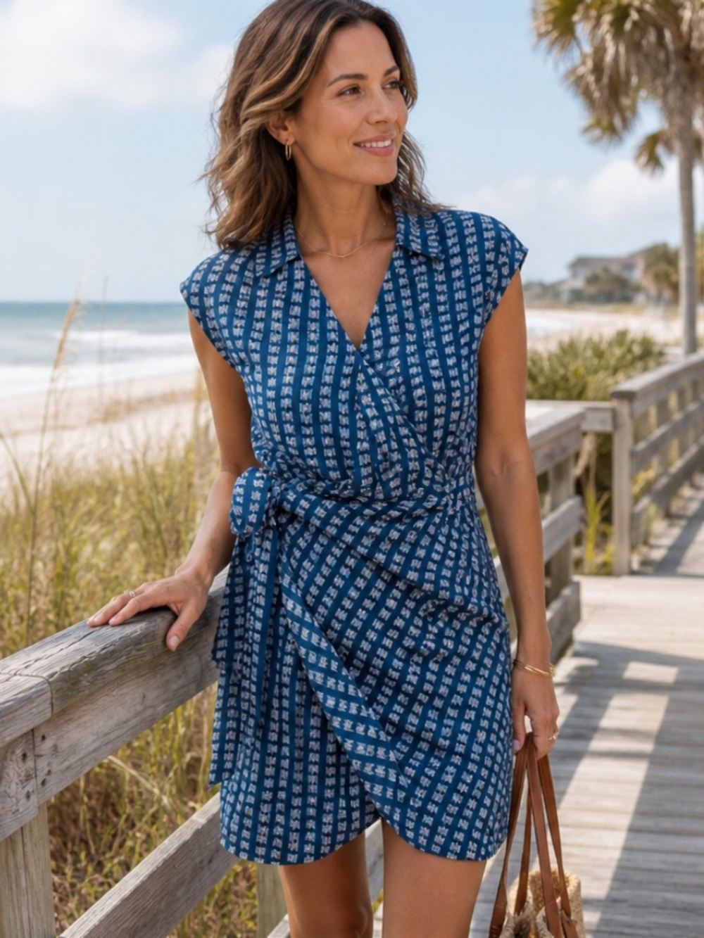 Urban Outfitters Navy Print Wrap Mini Dress XS Blue Boho Beach Vacation Coastal